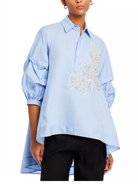 New! $129 Nancy Yang Light Blue Beaded Puff Sleeve Shirt LARGE
